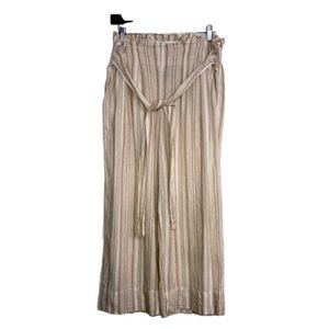 Zac & Rachel Pants Cream Tan Striped M Pockets Tie Paper Bag Waist Wide Leg Boho
